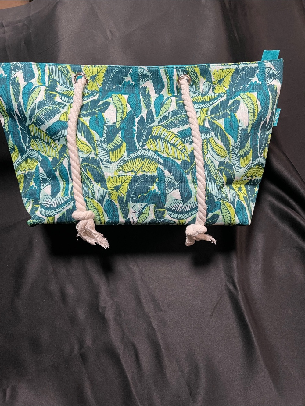 Tropix Tropical Leaf Rope-Handle Tote Bag in Teal and Lime